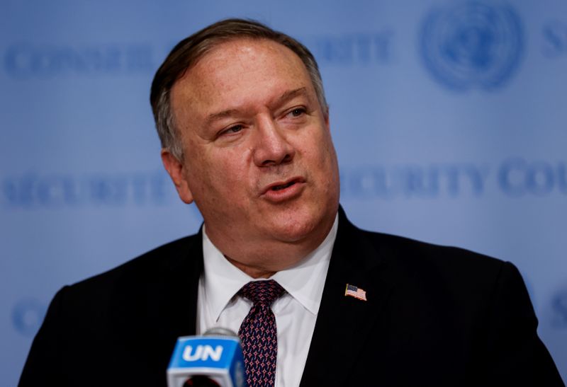 &copy; Reuters. U.S. Secretary of State Mike Pompeo visits United Nations to submit complaint to Security Council calling for restoration of sanctions against Iran at U.N. headquarters in New York