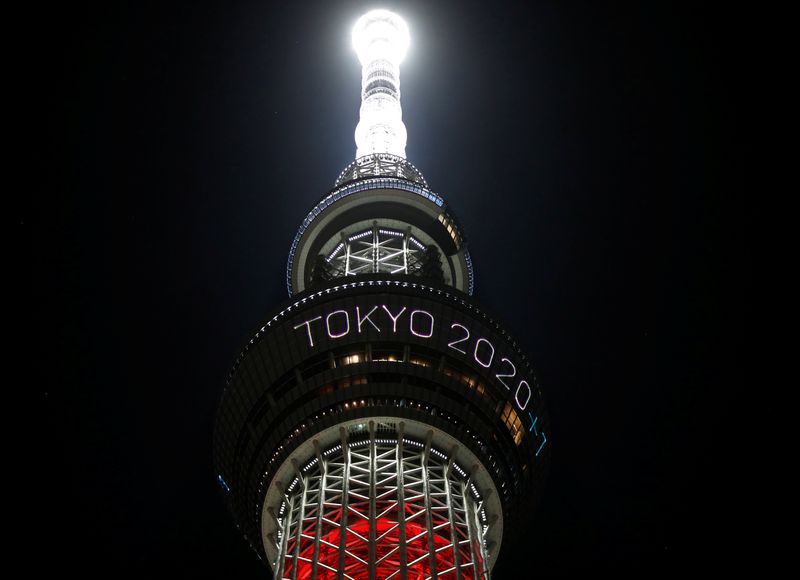 &copy; Reuters. Message reading &quot;Tokyo 2020 +1&quot; is displayed on the Tokyo Skytree