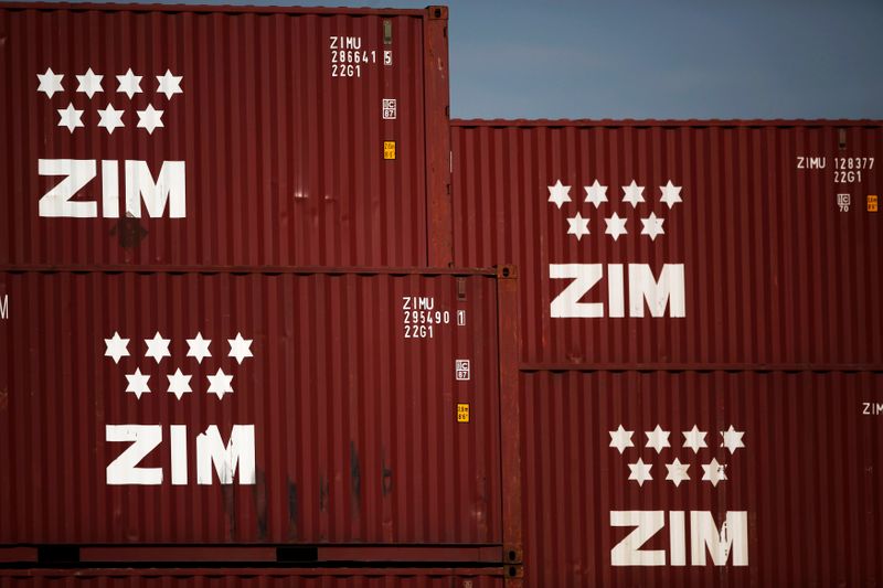 © Reuters. Zim containers are stacked just outside Israel's port of Ashdod
