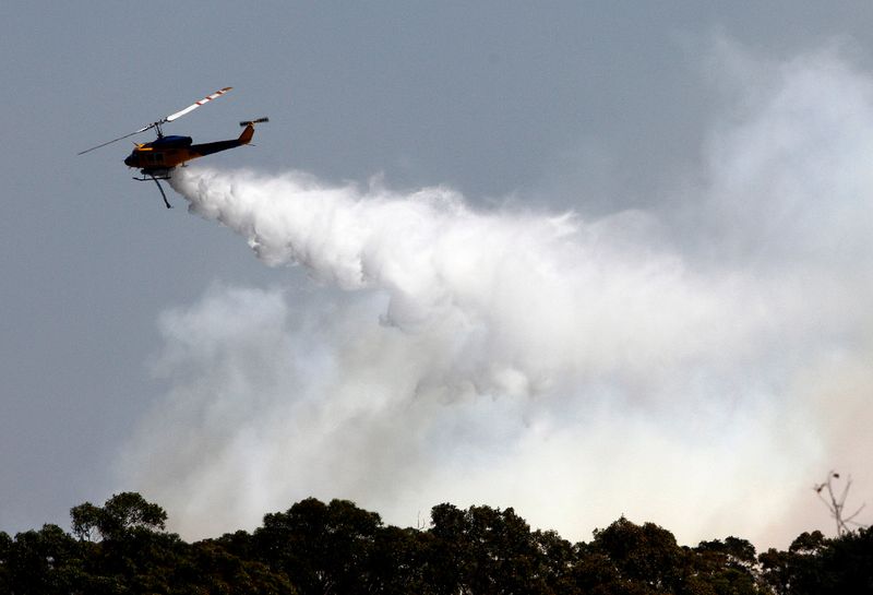 &copy; Reuters. A helicopter drops water in an attempt to extinguish a fire approaching homes near the Blue Mountains suburb of Faulconbridge