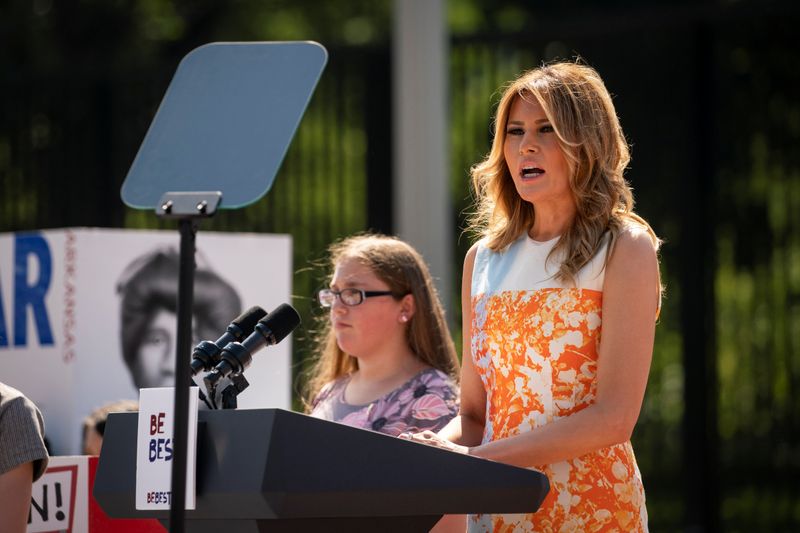 &copy; Reuters. First Lady Melania Trump speaks during an event with young artists who depicted imagery related to the suffrage movement and the 19th Amendment, at the White House