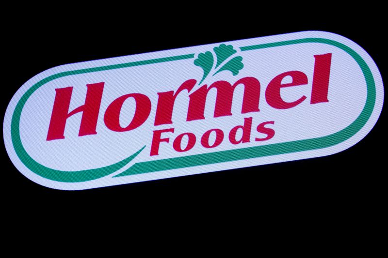 &copy; Reuters. The company logo for Hormel Foods is displayed on a screen on the floor at the NYSE in New York