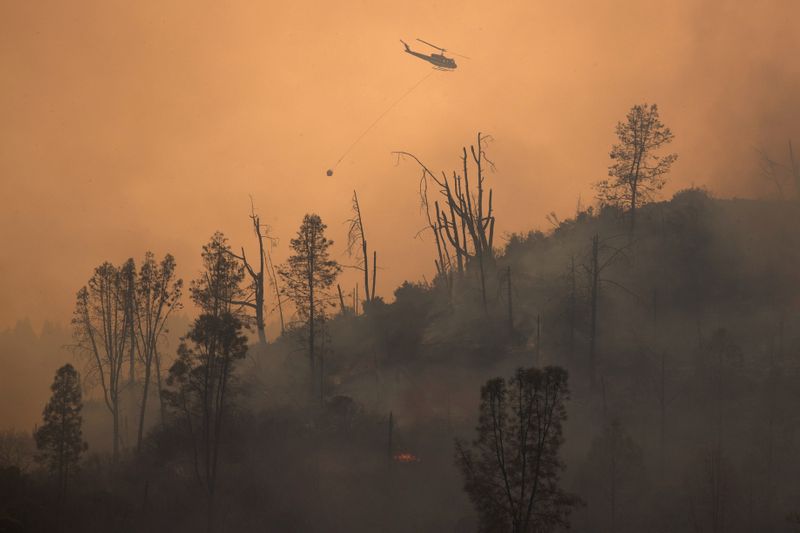 &copy; Reuters. Helicopter releases water on secition of LNU Lightning Complex Fire near Middletown, California