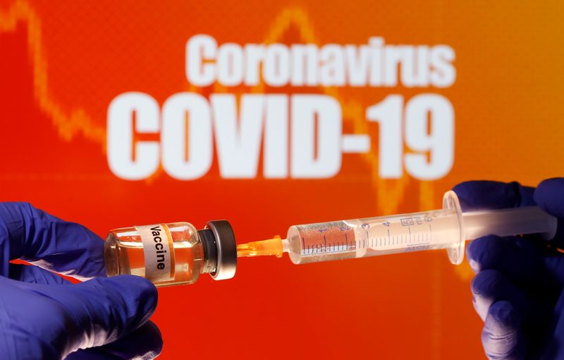 &copy; Reuters. A small bottle labeled with a &quot;Vaccine&quot; sticker is held near a medical syringe in front of displayed &quot;Coronavirus COVID-19&quot; words in this illustration