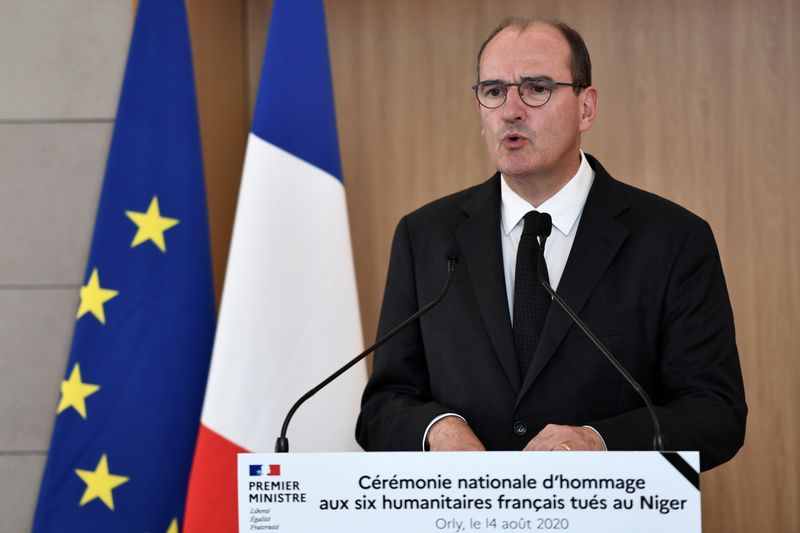 &copy; Reuters. French PM Castex attends a ceremony in tribute to six humanitarian aid workers, in Orly