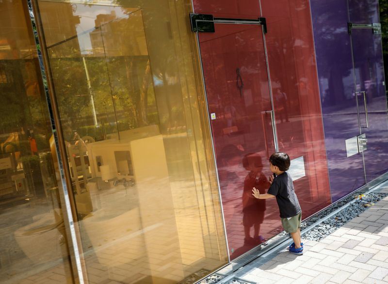   © Reuters. Un niño intenta mirar más allá del vidrio opaco de un inodoro ocupado hacia los baños públicos transparentes, que se vuelven opacos durante la ocupación del arquitecto japonés Shigeru Ban en el Mini Parque Yoyogi Fukamachi de Tokio 