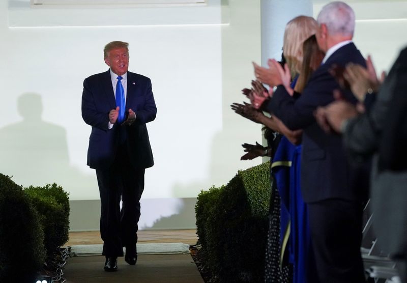 &copy; Reuters. U.S President Trump arrives to watch first lady Melania Trump deliver a live address to the 2020 Republican National Convention from the White House in Washington