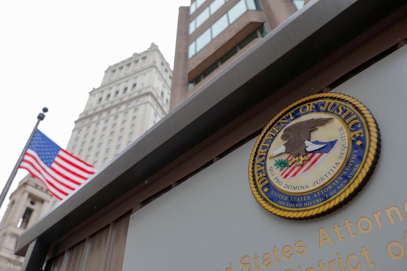 &copy; Reuters. The seal of the United States Department of Justice is seen on the building exterior of the United States Attorney&apos;s Office of the Southern District of New York in Manhattan, New York City