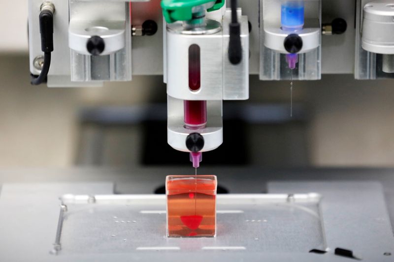 &copy; Reuters. FILE PHOTO: A 3D printer prints what Israeli scientists from Tel Aviv University say is the world’s first 3D-printed, vascularised engineered heart, during a demonstration at a laboratory in the university, Tel Aviv, Israel