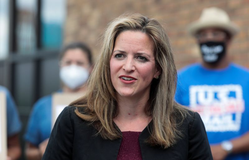 &copy; Reuters. Michigan Secretary of State Jocelyn Benson speaks in support of the United States Postal Service (USPS) outside of a post office in Detroit