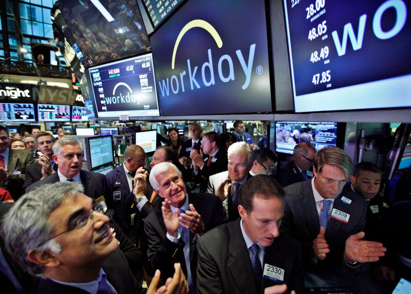 &copy; Reuters. Workday Inc. Co-Founders Bhusri and Duffield applaud thier company&apos;s first trade following the IPO on the floor of the New York Stock Exchange