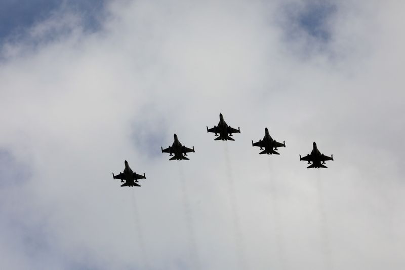 &copy; Reuters. IDF aircraft fly in formation during an inauguration ceremony of a maintenance centre for F-16 fighter jets, in Taichung