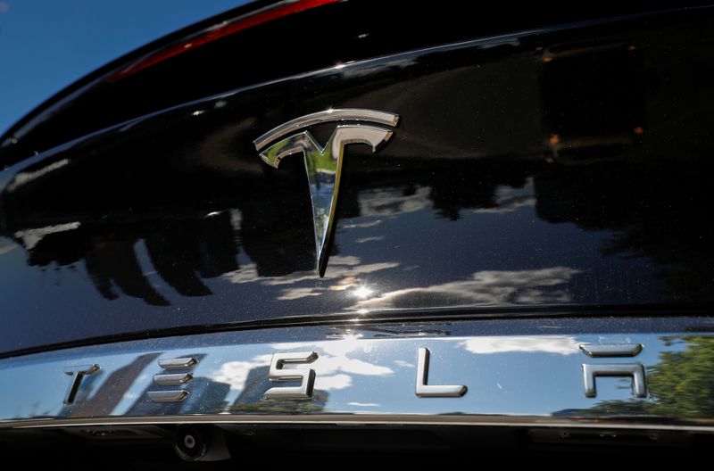 &copy; Reuters. The company logo is pictured on a Tesla Model X electric vehicle in Moscow