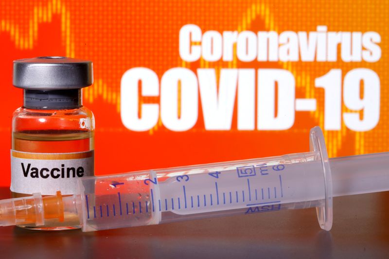 &copy; Reuters. FILE PHOTO: A small bottle labeled with a &quot;Vaccine&quot; sticker stands near a medical syringe in front of displayed &quot;Coronavirus COVID-19&quot; words in this illustration