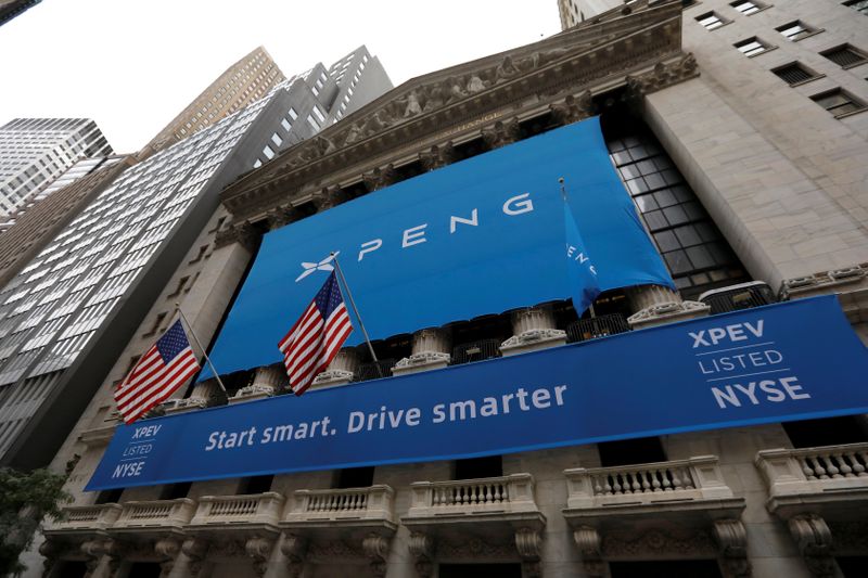 &copy; Reuters. FILE PHOTO: Banner announcing XPeng Inc. at New York Stock Exchange (NYSE) ahead of the Chinese company&apos;s IPO in New York