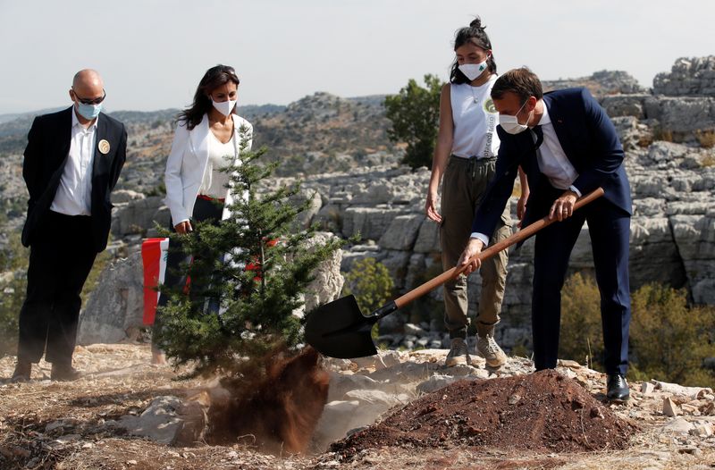&copy; Reuters. El presidente de Francia, Emmanuel Macron, planta un cedro junto a miembros de la ONG Jouzour Loubnan en Jaj, cerca de Beirut
