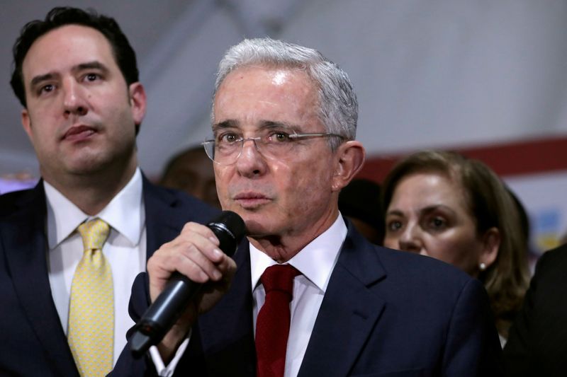 &copy; Reuters. FILE PHOTO: Colombia&apos;s former president Alvaro Uribe testifies in a private hearing as part of an investigation into alleged fraud and graft in Bogota