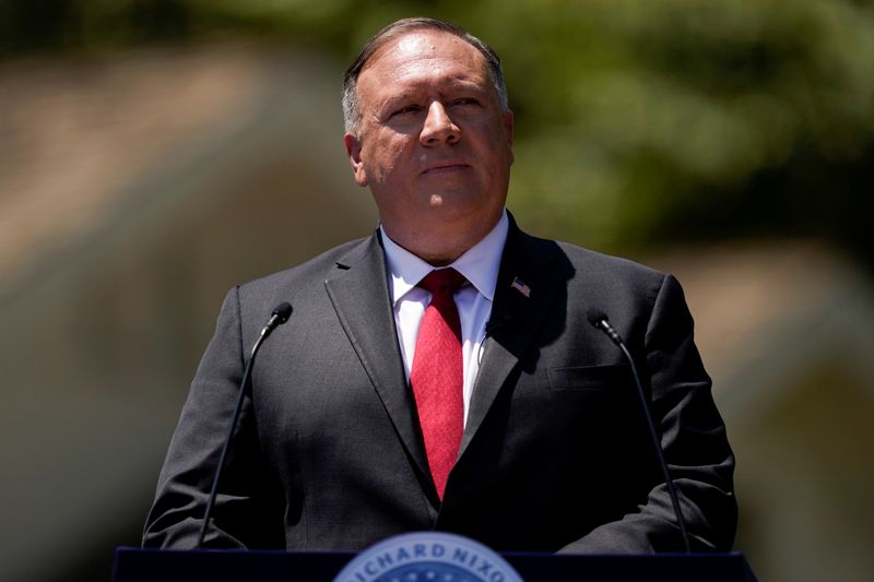 &copy; Reuters. FILE PHOTO: Secretary of State Mike Pompeo speaks at the Richard Nixon Presidential Library