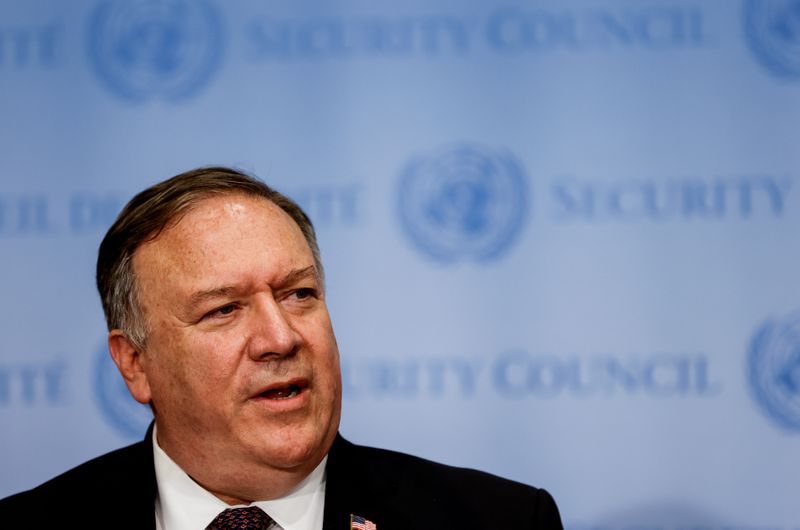 &copy; Reuters. U.S. Secretary of State Mike Pompeo visits United Nations to submit complaint to Security Council calling for restoration of sanctions against Iran at U.N. headquarters in New York