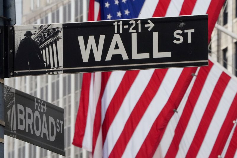© Reuters. FILE PHOTO: The Wall Street sign is pictured at the New York Stock exchange (NYSE) in the Manhattan borough of New York City, U.S.