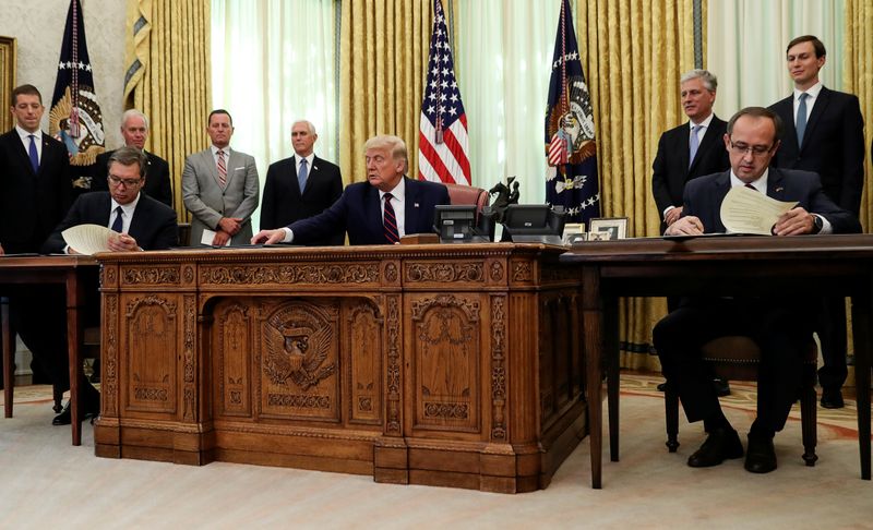 &copy; Reuters. U.S. President Trump hosts Serbia&apos;s President Vucic and Kosovo&apos;s Prime Minister Hoti at the White House in Washington