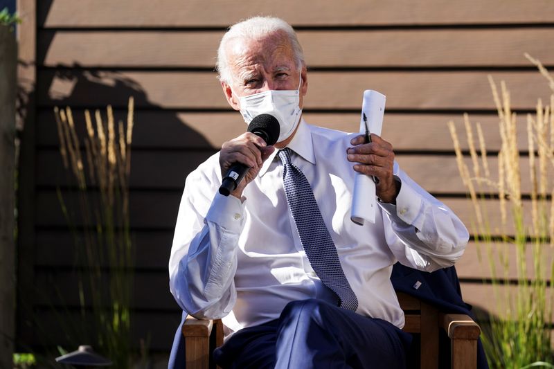 &copy; Reuters. Foto de archivo: El candidato presidencial demócrata de EEUU y ex vicepresidente Joe Biden habla sobre la reapertura segura de escuelas en medio de la pandemia de COVID-19 durante un acto de campaña en Wauwatosa, Wisconsin. 3 de septiembre de 2020