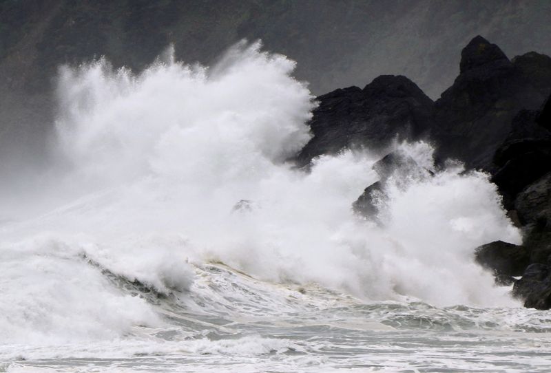 &copy; Reuters. High waves triggered by Typhoon Haishen crash against the coast of Amami Oshima island
