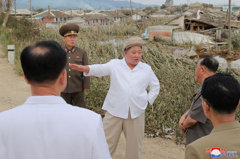 &copy; Reuters. North Korea&apos;s leader Kim inspects area after typhoon