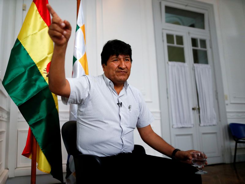 &copy; Reuters. FILE PHOTO: Former Bolivian President Evo Morales gestures during an interview with Reuters, in Buenos Aires