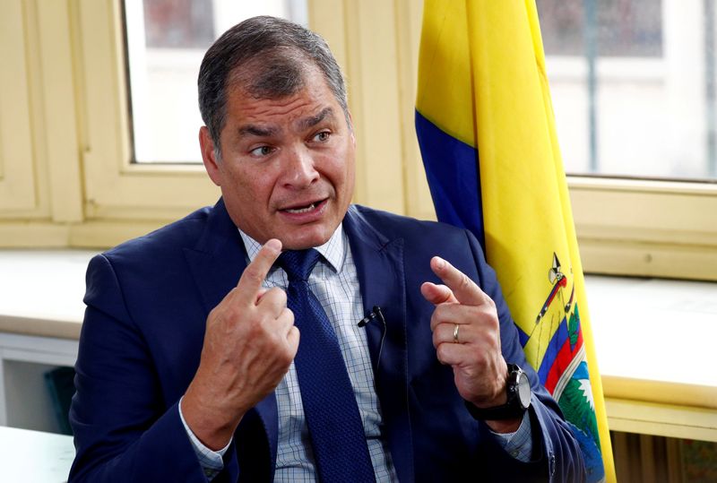 &copy; Reuters. FILE PHOTO: Ecuador&apos;s former president Correa speaks during an interview with Reuters in Brussels