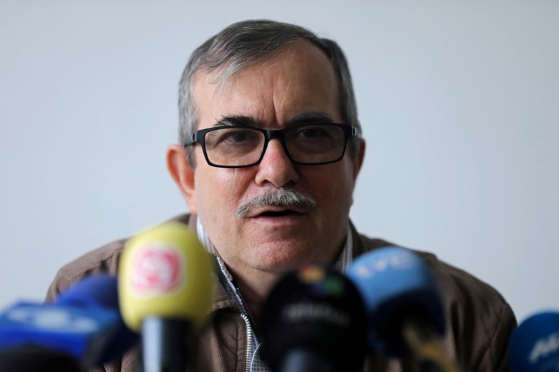 &copy; Reuters. FILE PHOTO: Rodrigo Londono, known by his nom de guerre Timochenko, speaks during a news conference at Special Jurisdiction for Peace (JEP) tribunal in Bogota