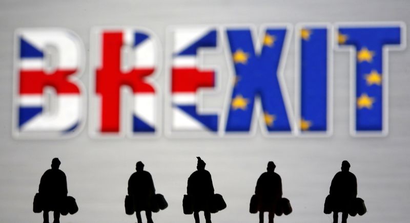 © Reuters. FILE PHOTO: Small toy figures are seen in front of a Brexit logo in this illustration picture