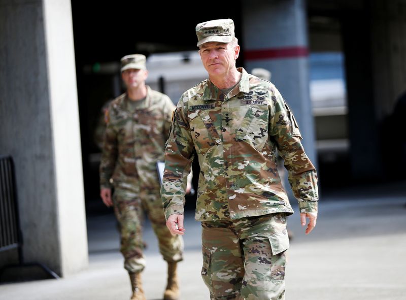 &copy; Reuters. Army Chief of Staff General McConville at a military field hospital for non-coronavirus patients inside CenturyLink Field Event Center during the coronavirus disease (COVID-19) outbreak in Seattle