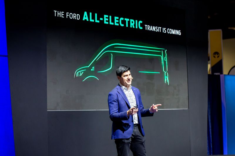 &copy; Reuters. Ford&apos;s North American commercial vehicles chief Ted Cannis announces the all-electric Transit van