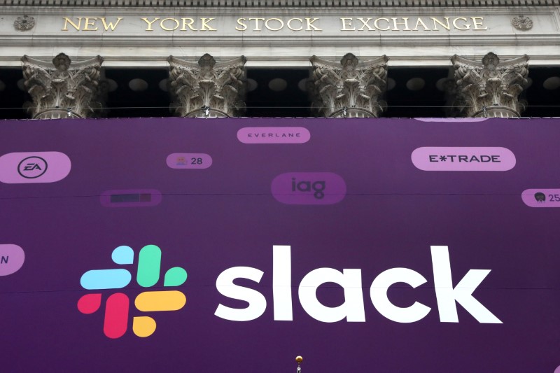 &copy; Reuters. The Slack Technologies Inc. logo is seen on a banner outside the New York Stock Exchange (NYSE) during thew company&apos;s IPO in New York