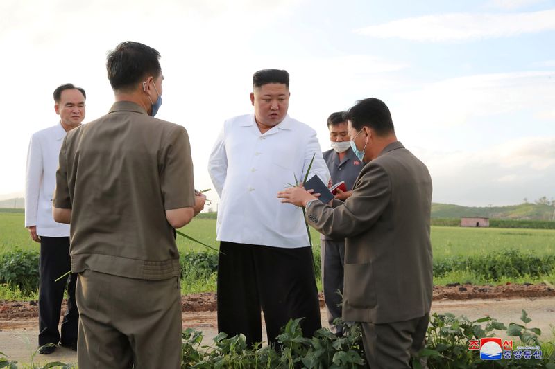 © Reuters. North Korean leader Kim Jong Un inspects the typhoon-damaged area in South Hwanghae Province