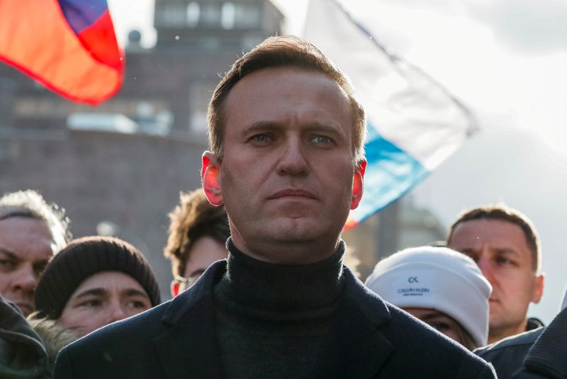 &copy; Reuters. FILE PHOTO: Russian opposition politician Alexei Navalny takes part in a rally to mark the 5th anniversary of opposition politician Boris Nemtsov&apos;s murder and to protest against proposed amendments to the country&apos;s constitution, in Moscow
