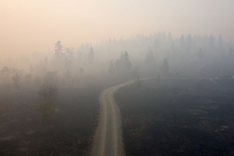 © Reuters. Smoke from the South Obenchain Fire blankets a hillside in Eagle Point, Oregon