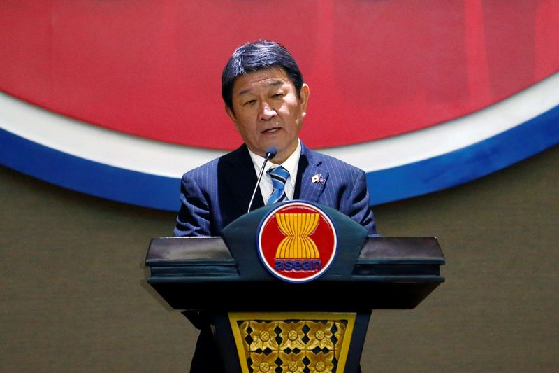 &copy; Reuters. Japanese Foreign Minister Toshimitsu Motegi delivers his speech at ASEAN’s Secretariat in Jakarta