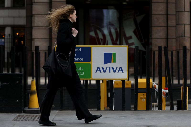 &copy; Reuters. FILE PHOTO: A pedestrians walks past the Aviva logo outside the company head office in the city of London