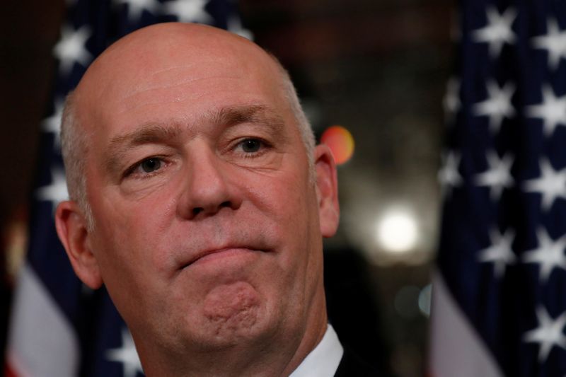 &copy; Reuters. Rep. Greg Gianforte (R-MT) speaks with reporters prior to a ceremonial swearing-in ceremony at the U.S. Capitol Building in Washington
