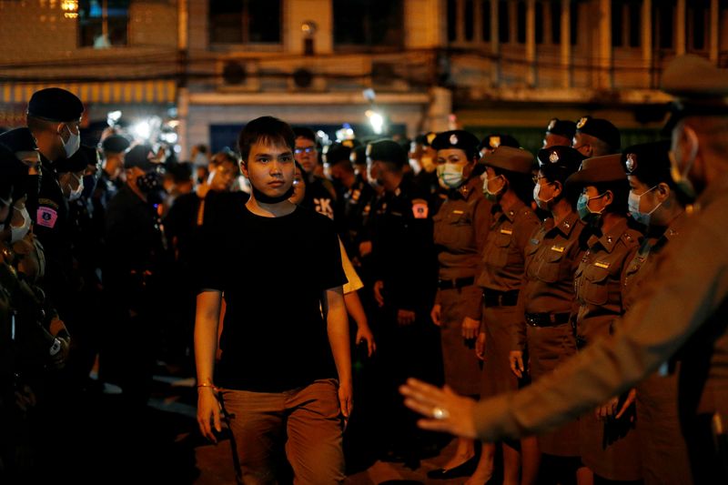 &copy; Reuters. FILE PHOTO: General-secretary of Free Youth group, Tattep Ruangprakitseree walks to present himself at a police station in Bangkok