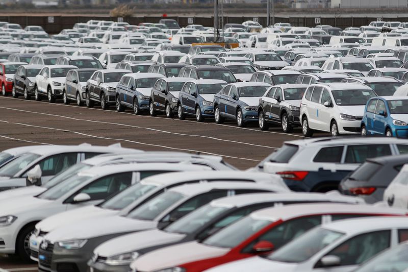 © Reuters. Imported cars are parked in a storage area at Sheerness port, Sheerness