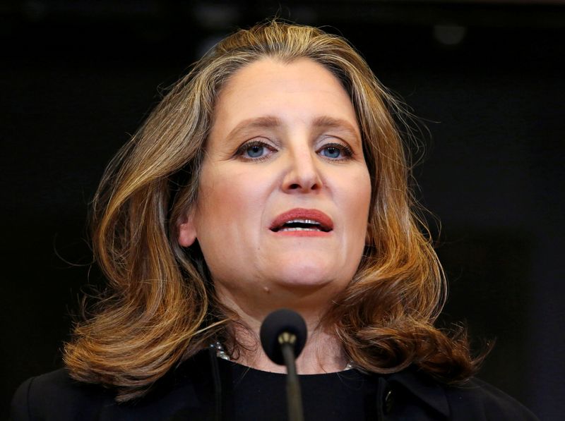 &copy; Reuters. FILE PHOTO: Deputy Prime Minister and Finance Minister Freeland speaks to reporters on Parliament Hill in Ottawa