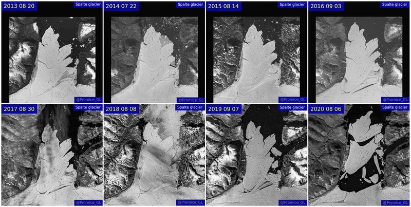 © Reuters. A combination picture shows satellite images of the Spalte glacier disintegration between 2013 and 2020