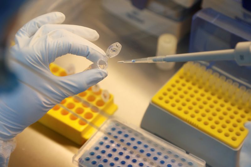 © Reuters. Ученый разбавляет образцы во время разработки вакцины против коронавируса