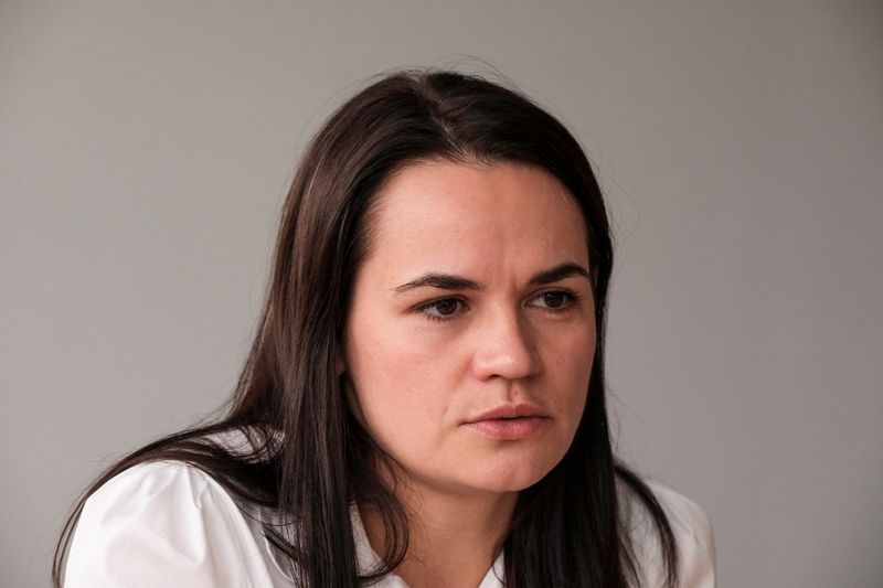 &copy; Reuters. Belarusian opposition politician Tsikhanouskaya speaks during an interview in Vilnius