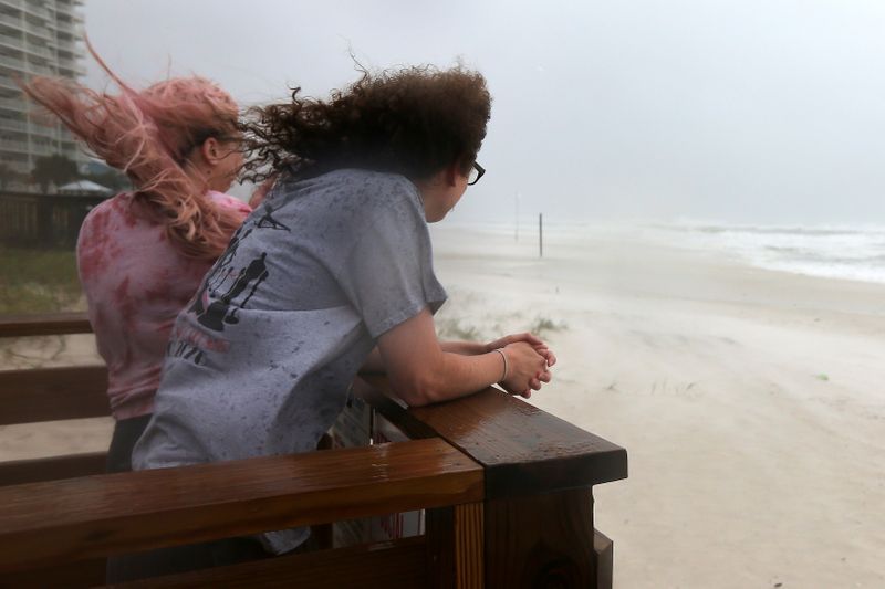 &copy; Reuters. Jordan Spence and Dawson Stallworth watch waves come ashore as Hurricane Sally approaches in Orange Beach