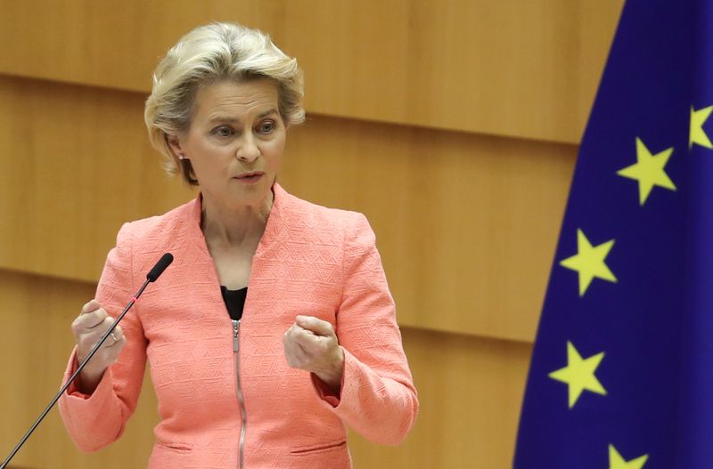 &copy; Reuters. European Parliament president David-Maria Sassoli reacts as European Commission President Ursula von der Leyen addresses her first State of the European Union speech during a plenary session of the European Parliament, in Brussels