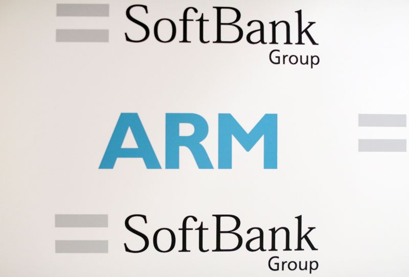 &copy; Reuters. FILE PHOTO: An ARM and SoftBank Group branded board is displayed at a news conference in London